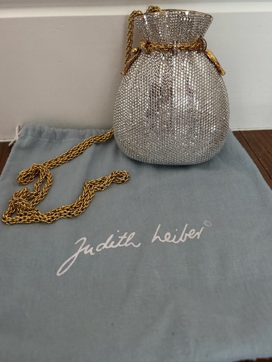 Judith Leiber Handbags - Judith Leiber Silver Crystal Drawstring Minaudière with Gold Chain Strap